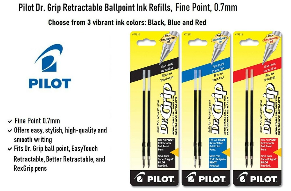Pilot Dr. Grip Retractable Ballpoint Ink Refills, Fine Point 0.7mm, 3 Packs