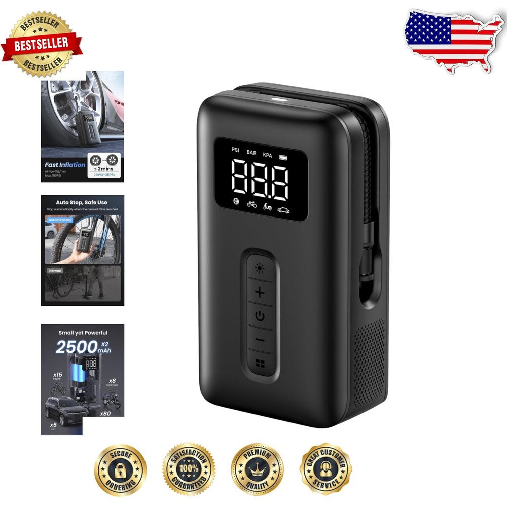 Fast Inflating Cordless Tire Pump - 150PSI Air Compressor for Cars and Bikes