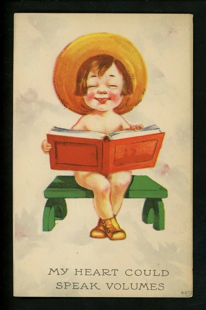 Valentine’s Day Vintage Postcard S Bergman Yellow Hat Child Book 6503
