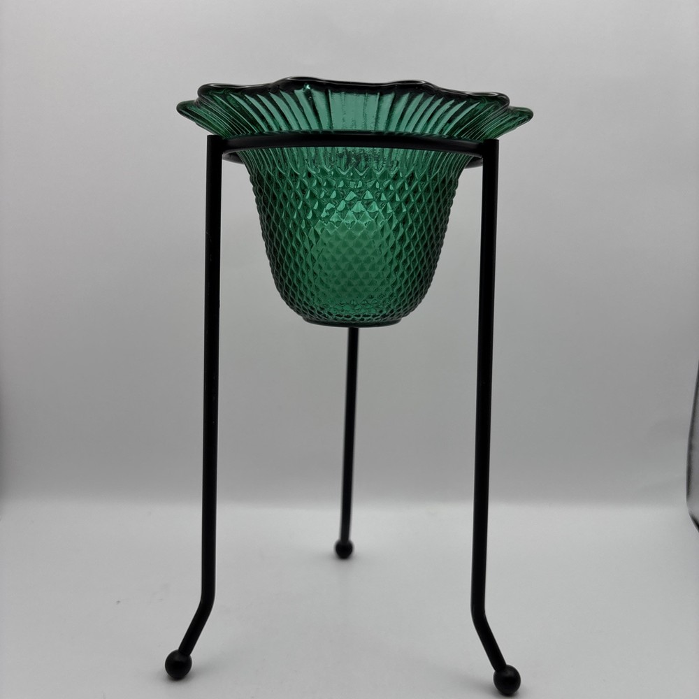 Textured Green Glass Small Bowl Tea Light Holder on Black Metal Stand