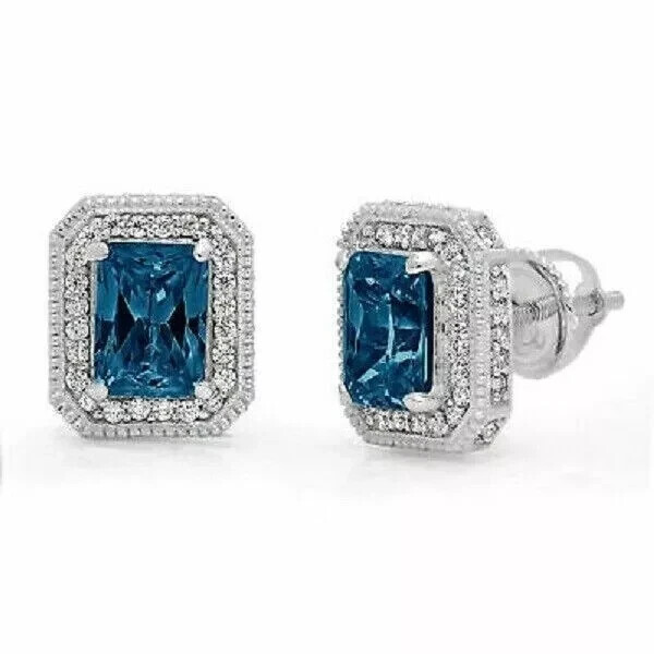 3 Ct Emerald Cut Simulated Sapphire Stud Earrings in 14K White Gold Plated