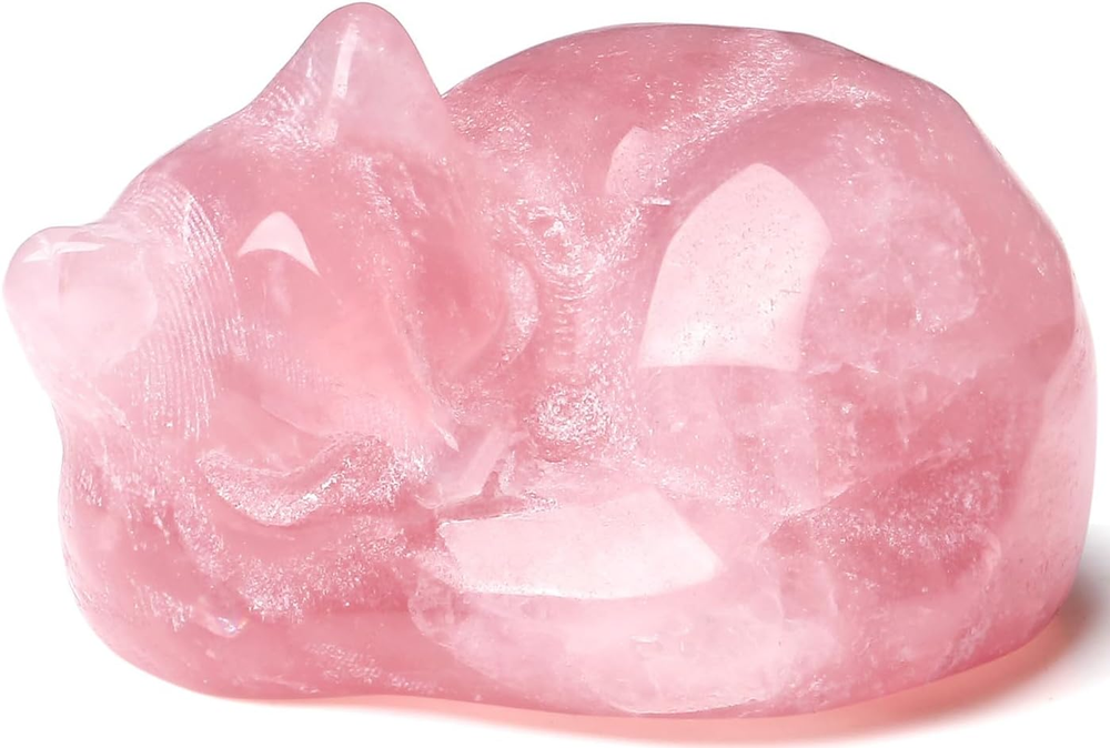 Rose Quartz Cat Decor Pink Gift Crystals Sleeping Cat Statue Stone Figurine Carv