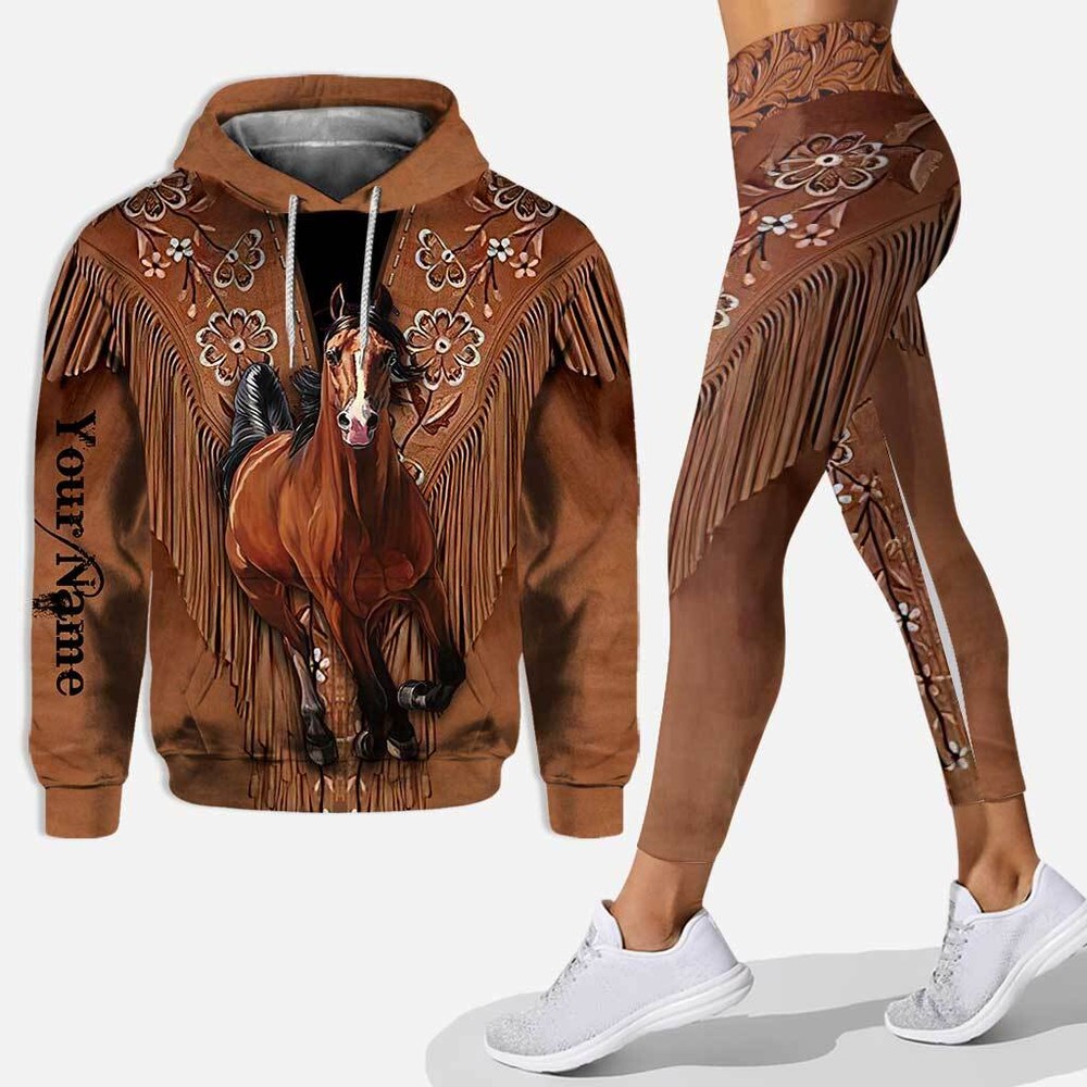 Personalized Horse Girl  Hoodie And Leggings With Leather Pattern Print