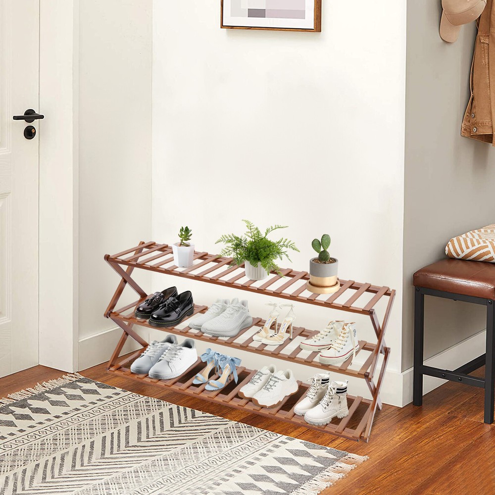 Living Room Shoe Rack 3-Tier Foldable Shoe Shelf Entryway Hallway Closet Bamboo