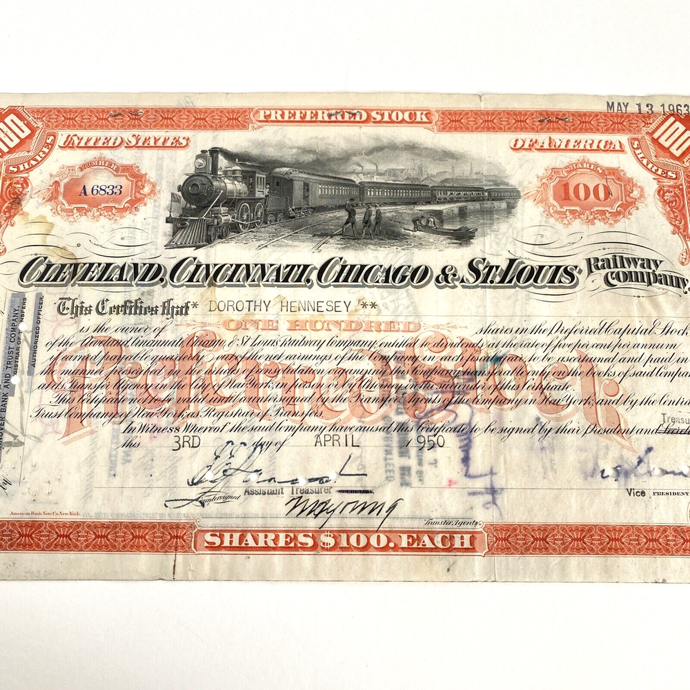 1950 Cleveland Railway Company Preferred Stock Share Certificate Transfer Stamps