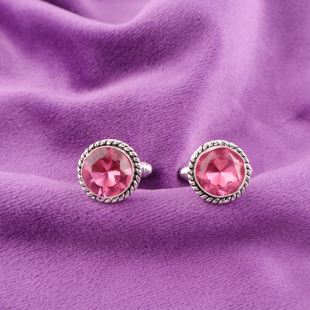 925 Silver Pink Tourmaline Stone Anniversary Business Formal Cufflinks Jewelry