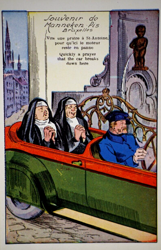Postcard Belgium Comic Manneken-Pis Brussels Nuns Prayer Cabriole Pissing Statue