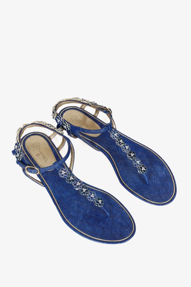 Chanel 15P Blue Floral-Embellished Leather Thong Sandals, Size 10.5