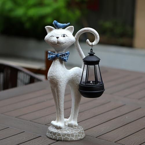 Solar Outdoor Garden Statues Light,Cat Figurines with Cute Birds Garden