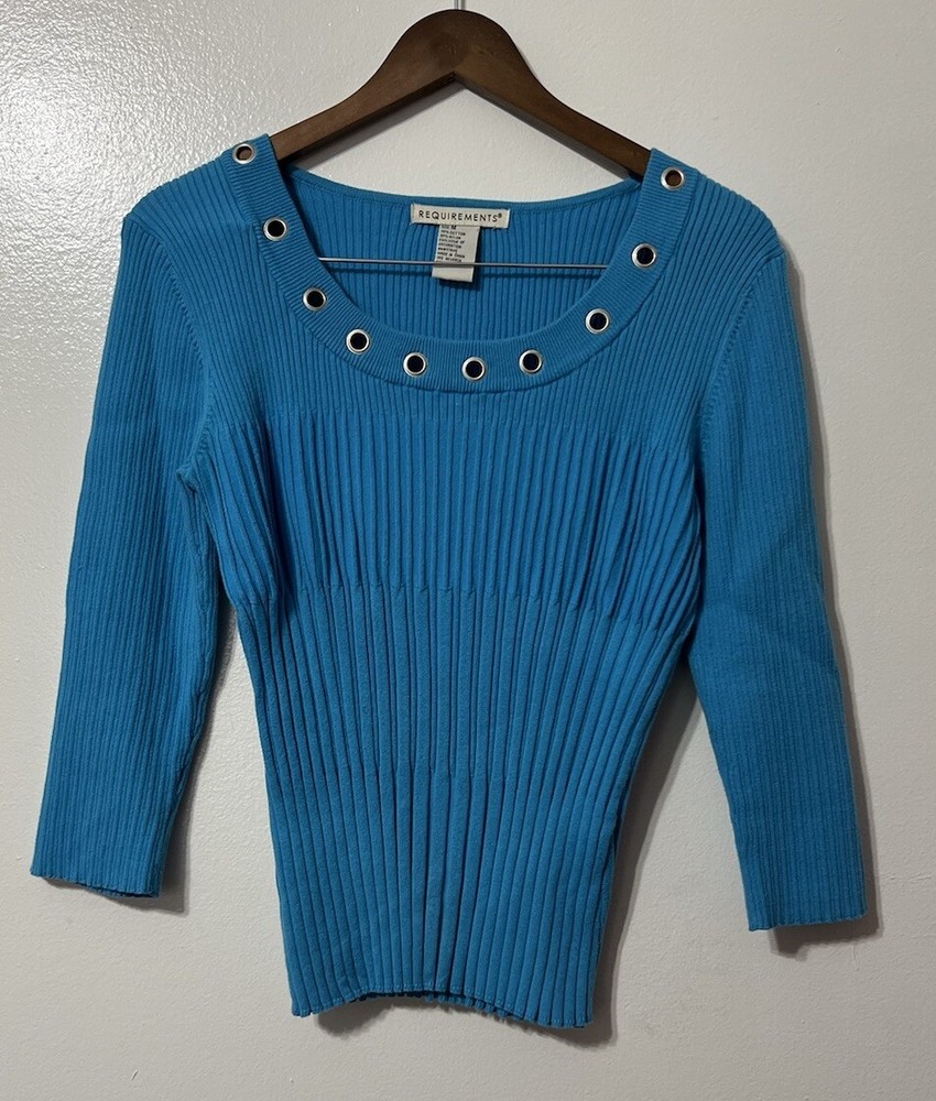 Y2K Ribbed Aqua Blue Fitted Sweater 3/4 Sleeve Preppy Medium