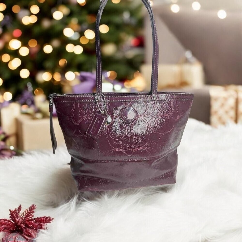 COACH Signature Patent Leather Tote in Plum Burgundy