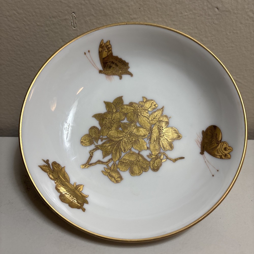 Vintage Limoges France Porcelain Gold Floral Butterfly Trinket Dish, 3 Legs