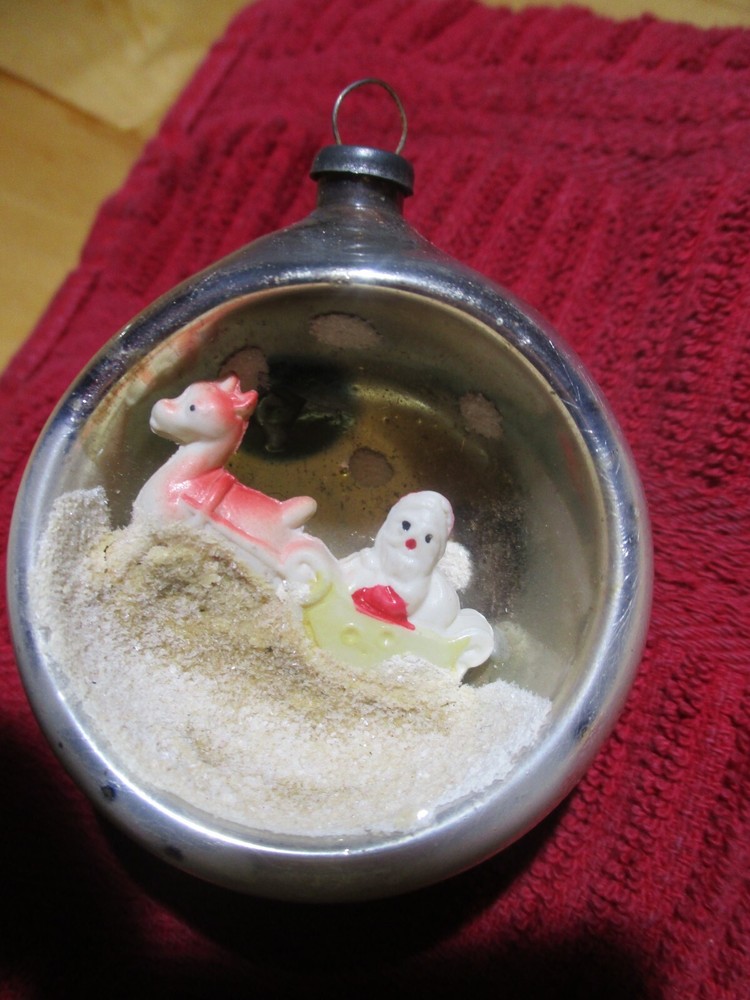 Santa in Sleigh gold Glass Diorama Indent Scene Christmas Ornament 2.25
