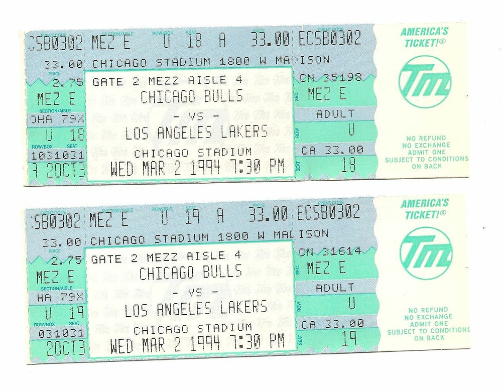 Chicago Bulls vs Los Angeles Lakers Unused Basketball Tickets March 2, 1994