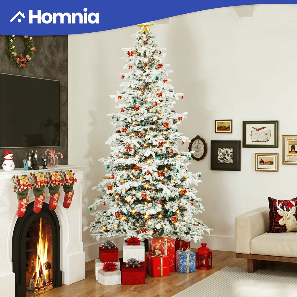 9ft Pre-Lit Snow Flocked Christmas Tree with 820 Lights & Pine Cones