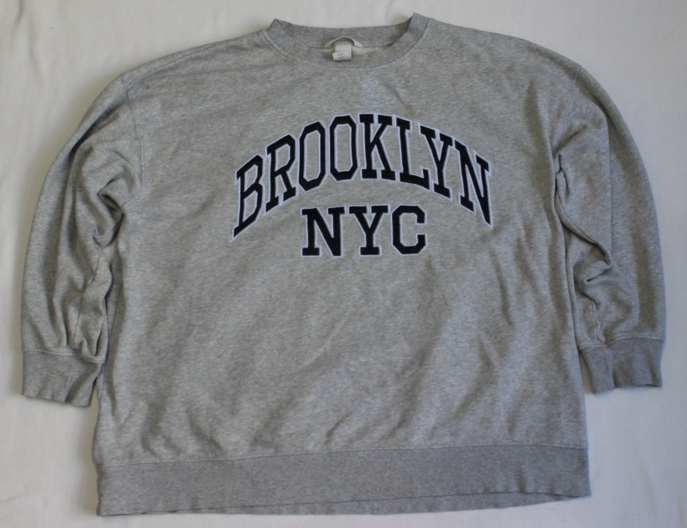 H&M Brooklyn NYC Sweatshirt Size L Gray Embroidered Black Logo Long Sleeve