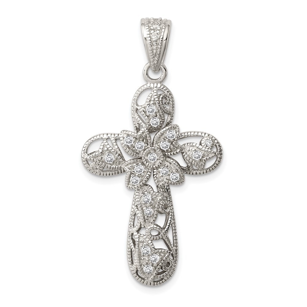 Sterling Silver Rhodium-plated Cubic Zirconia Cross Pendant L-1.66 Inch