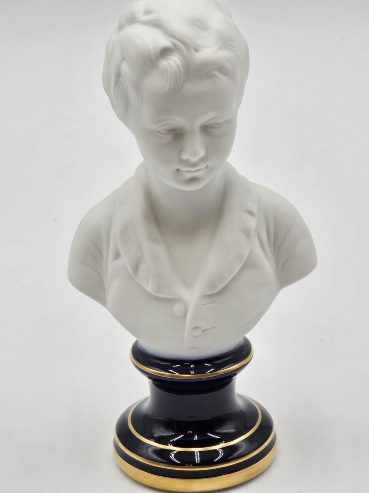 Vintage Bisque Child Bust,  Boy  By Limonges France, Cobalt Blue Base Gold Trim