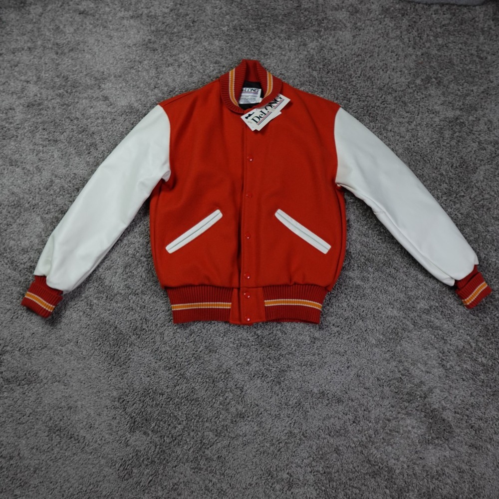 DeLong Varsity Jacket Mens Small Wool Leather Blank Quilted Orange New With Tags