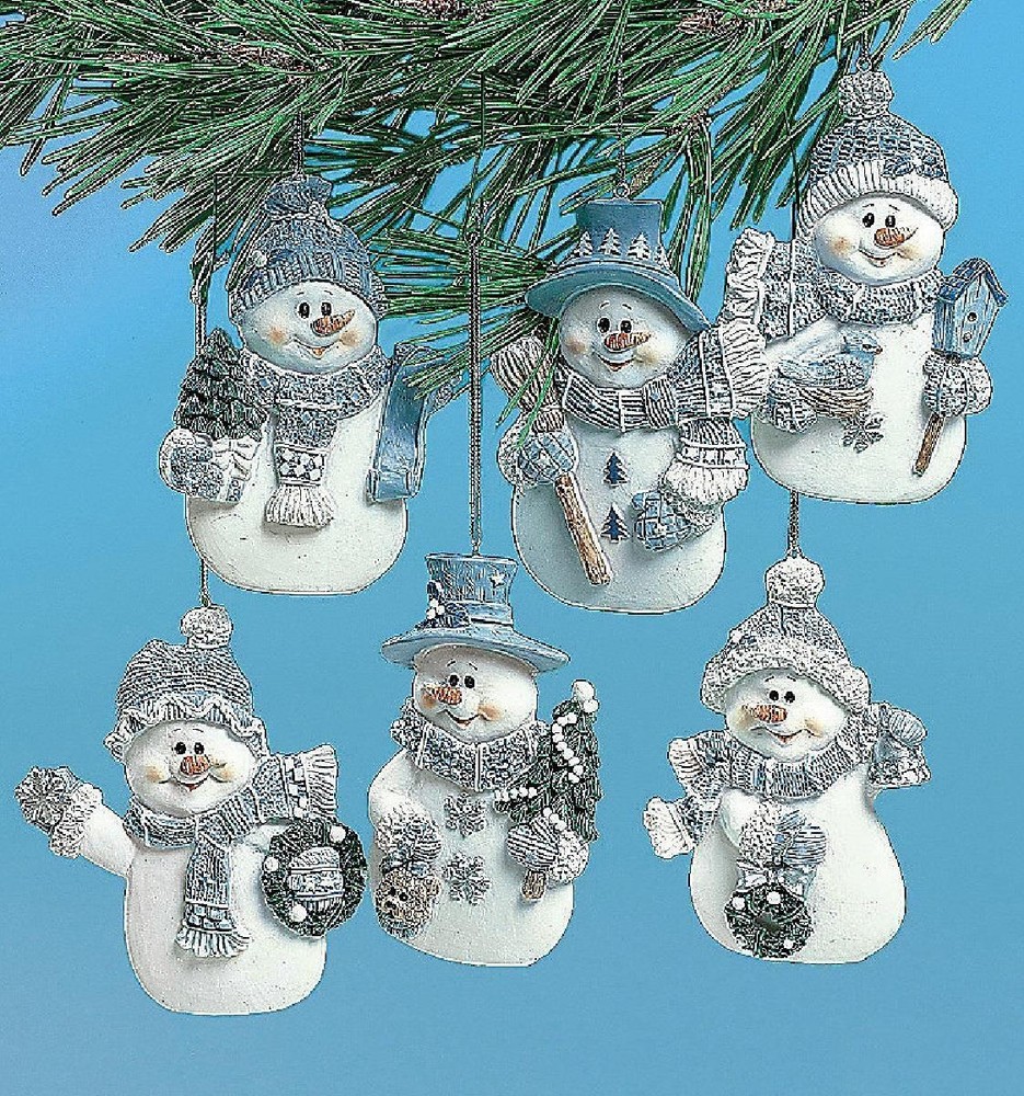 12-PC Blue & White Winter Snowman Textured Hanging Resin Ornaments 3.5