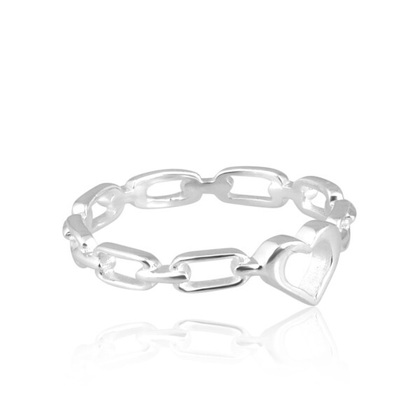 925 Silver Paperclip Chain Ring with Open Heart - Gift for Her