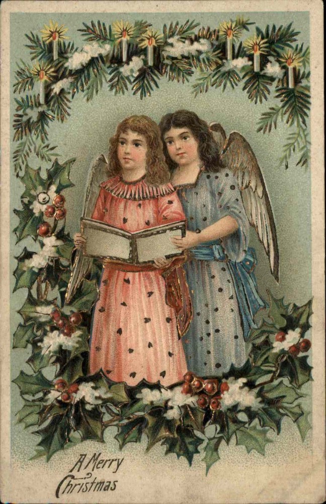 CHRISTMAS Sweet Little Girl Angels EMBOSSED HOLLY Antique Postcard
