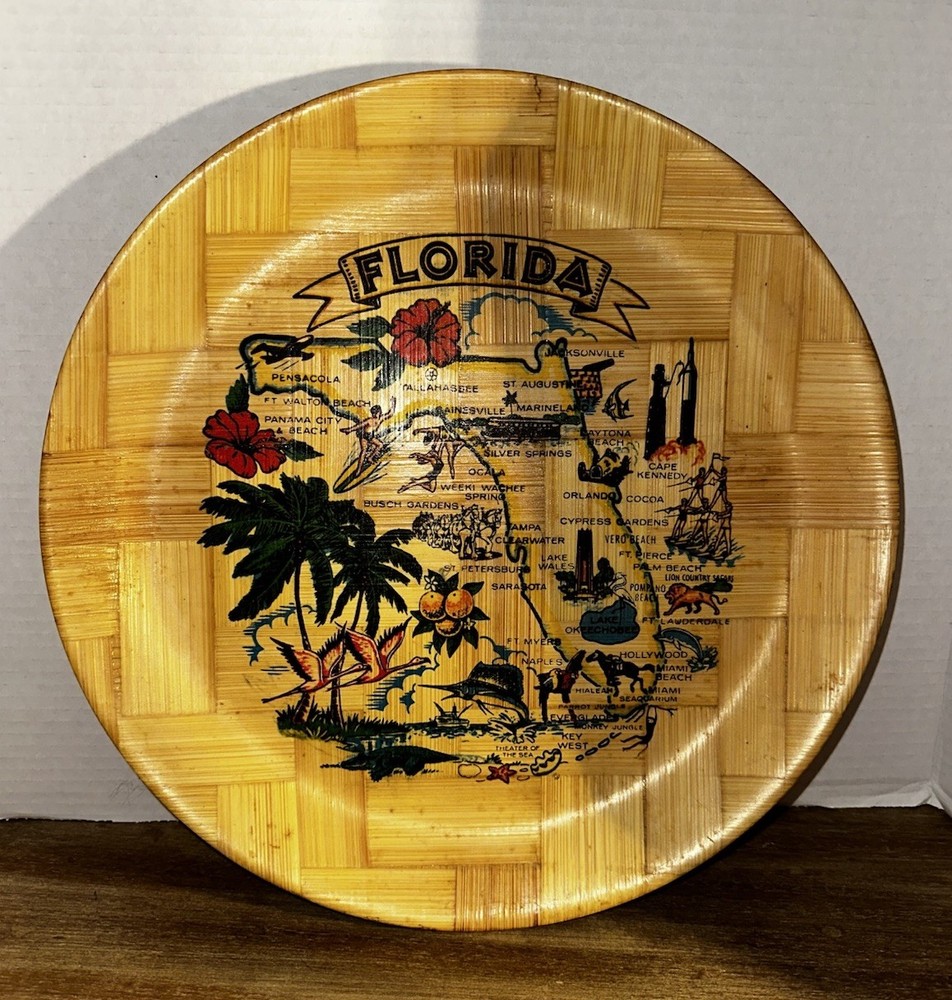 Vintage Florida State Map Bamboo Bowl 12 Inch Pre-Disney Souvenir