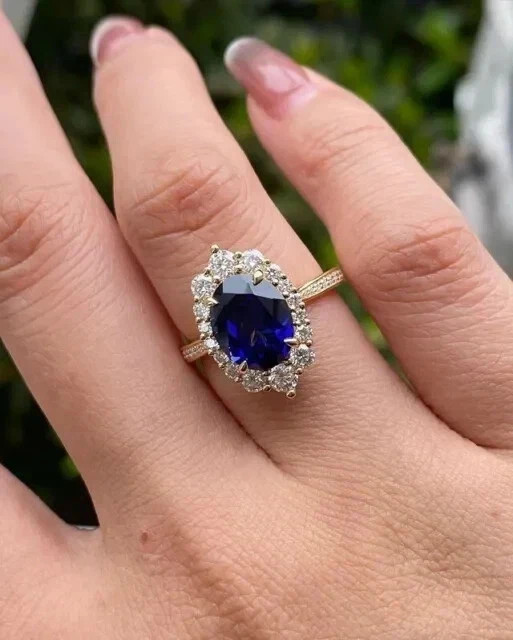 3.15 Ct Oval Cut Sapphire Halo Engagement Ring 14K Yellow Gold