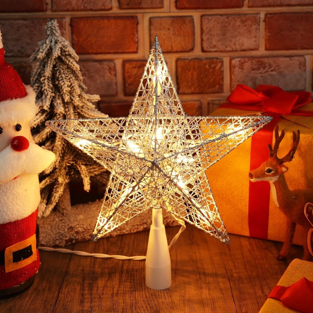 Glitter Christmas Tree Topper Star w/ Lights Sparkle Xmas Holiday Ornament NEW