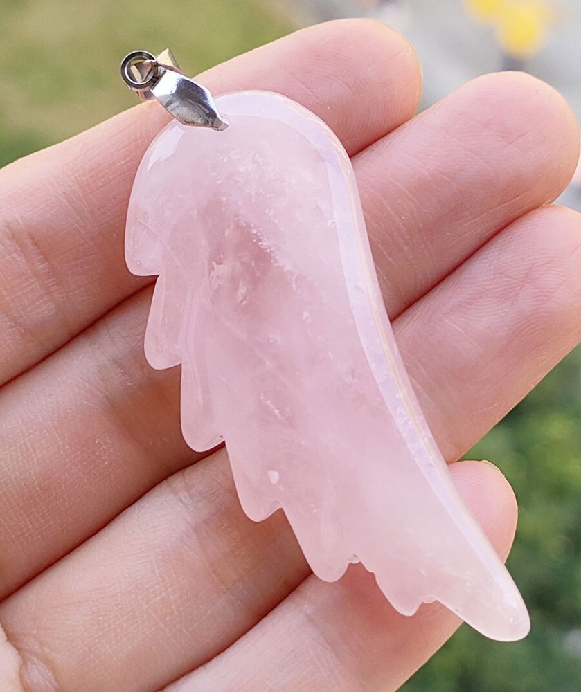 5pcs Natural Rose Quartz Gems Angel Wing Pendants Magic Reiki Amulet Lucky