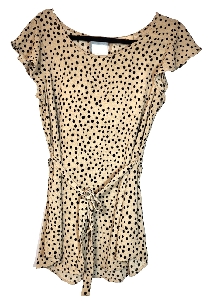 Full Moon Maternity Tan Black Polka Dot Tunic with Keyhole Back and Tie Waist Size Small-image