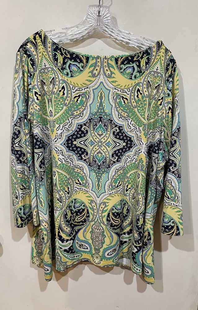 Charter Club Yellow, Green & Blue Paisley Print 3/4 Sleeve Nylon Top Size 3X