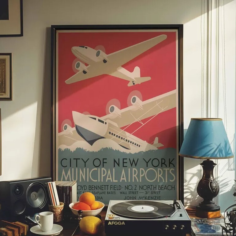 Vintage NYC Municipal Airports Art Deco Style Print