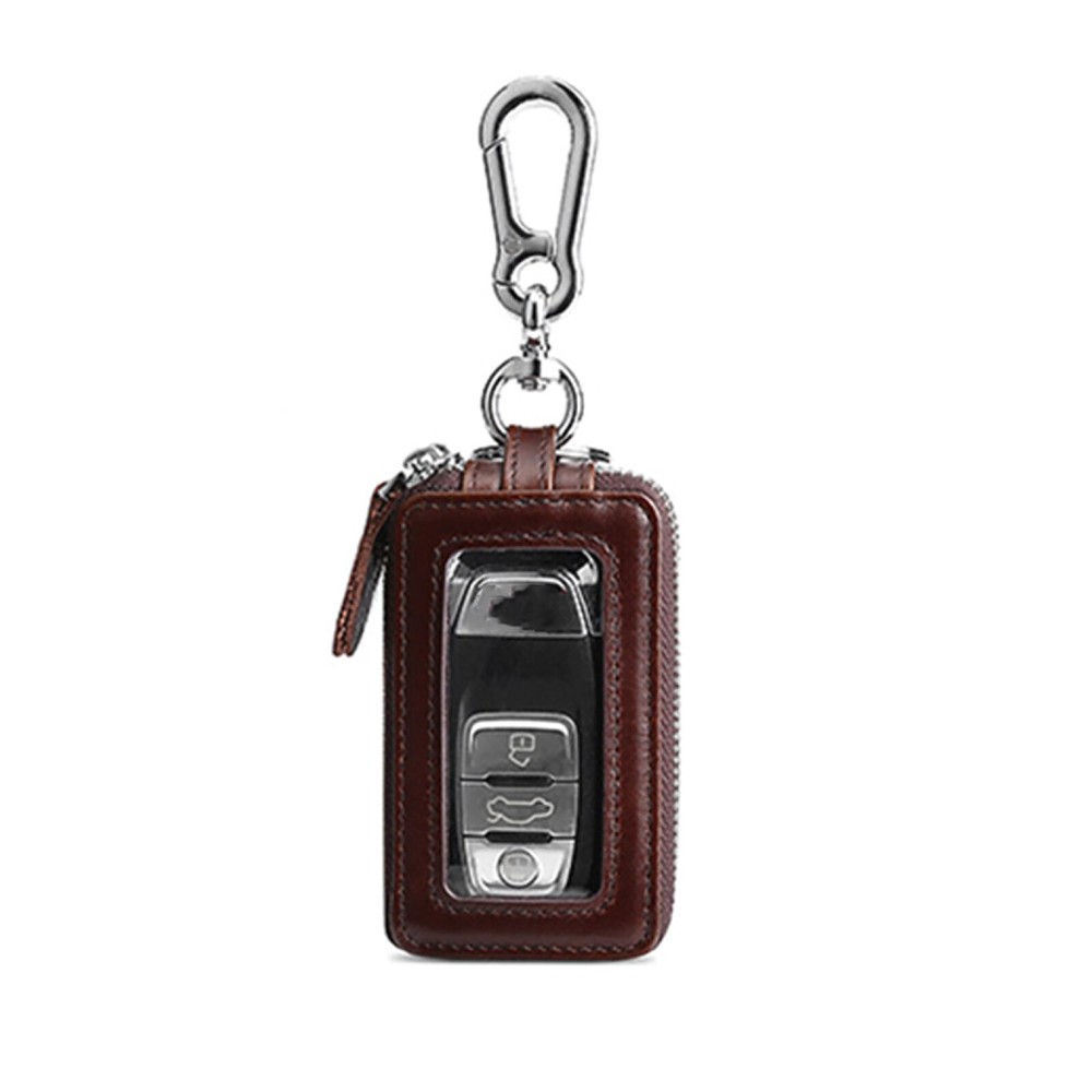 Genuine Leather Car Key Holder Case with Dual Zipper Pouch Keychain Bag
