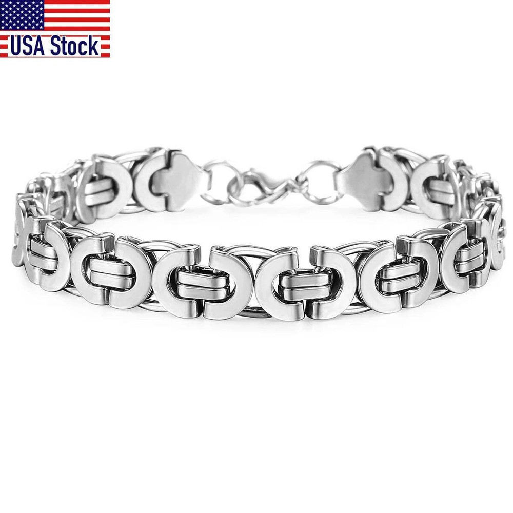 11mm Men Bracelet Silver Color Stainless Steel Flat Byzantine Chain Bracelet For