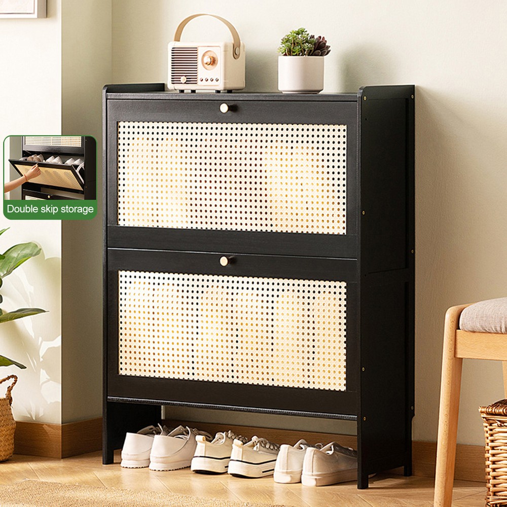 Rattan Shoe Cabinet with Door Freestanding Wood Shoe Rack Organizer for Entryway