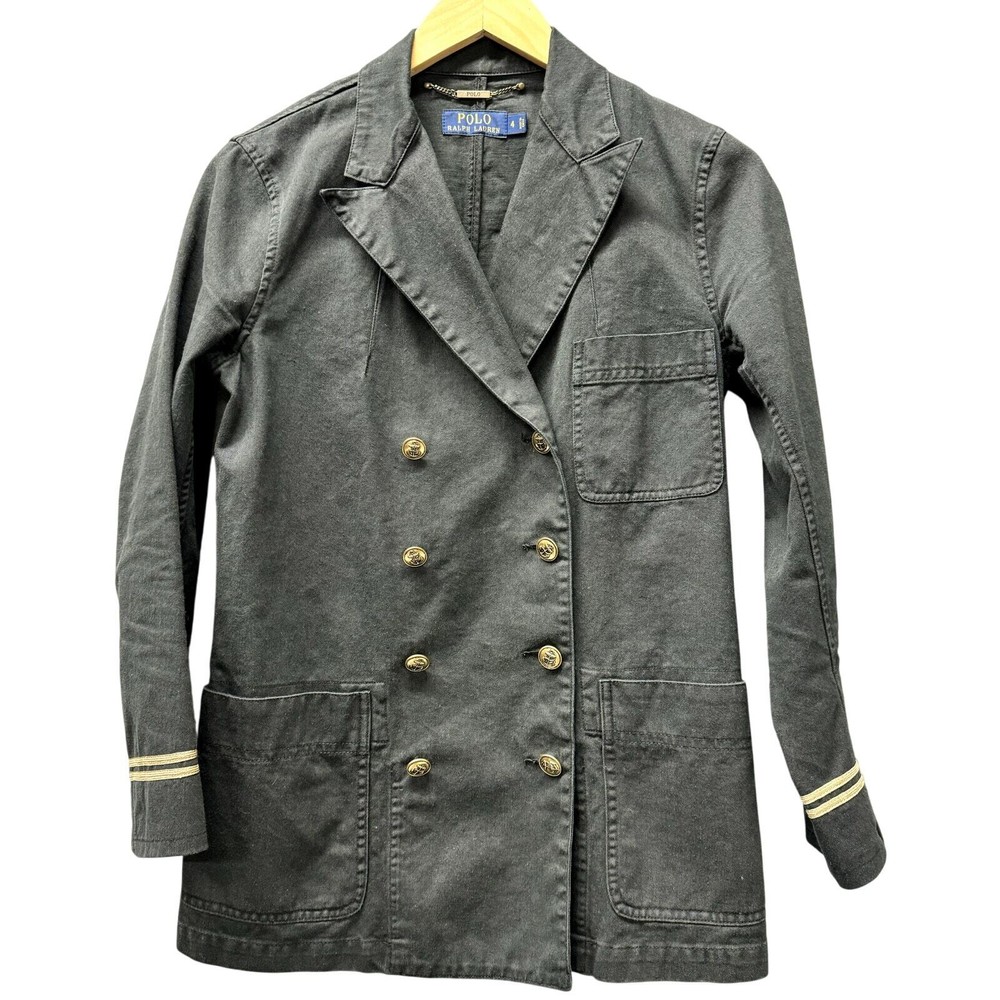 Polo Ralph Lauren Blazer Womens 4 Black Denim Military Double Breasted Gold Pipe