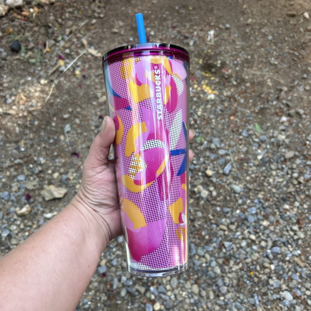NEW Starbucks 2023 Spring Pink Floral Flower 24 Oz Tumbler Cold Cup With Straw
