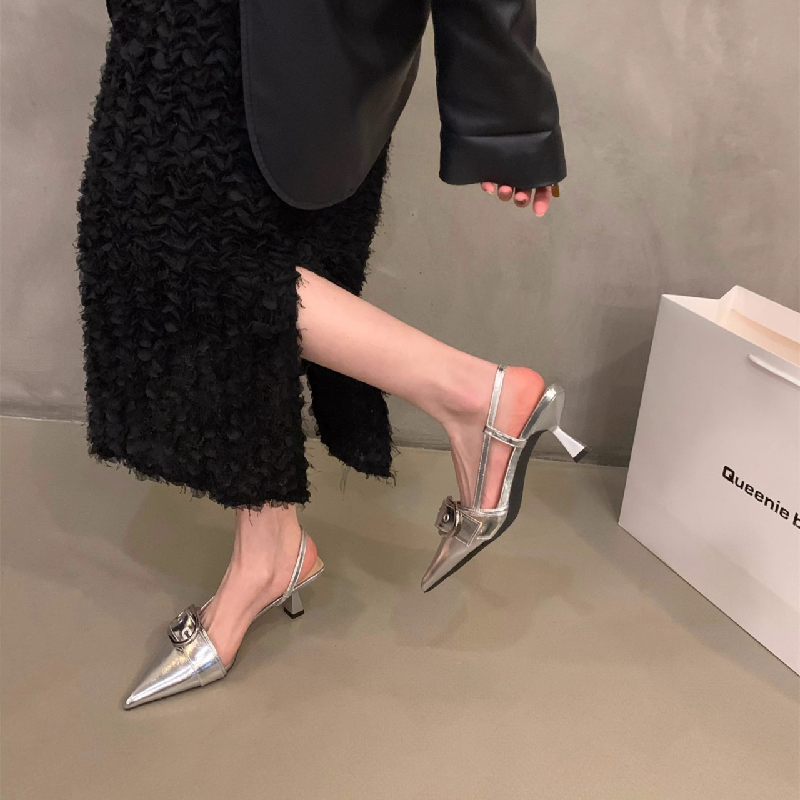Women Pumps Pointed Toe Mid Kitten Heel Slingback Shoes Buckle Sandals Dress