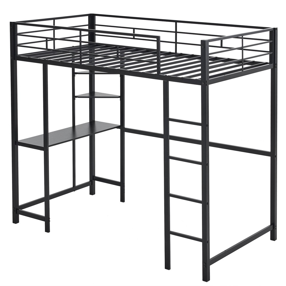 Twin Size Metal Loft Bed with Desk and Storage Shelves 2 Built-in Ladders