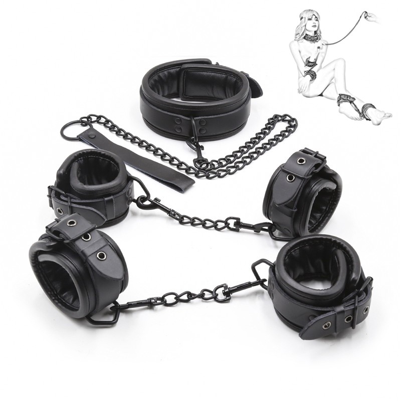 PU Leather Neck Collar Handcuffs Ankle Cuffs Restraint Set BDSM Bondage Cosplay