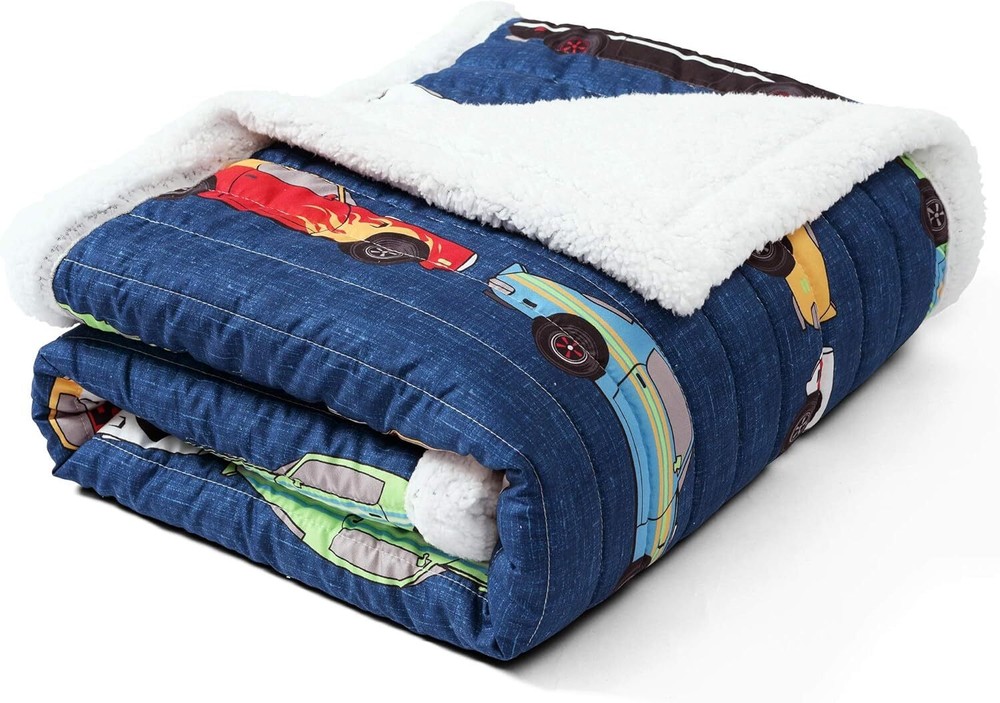 Cars Throw | Fuzzy Reversible Sherpa Blanket with Racing Print Design for Kids-6