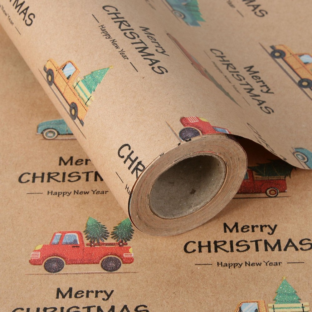 Kraft Christmas Wrapping Paper Jumbo Roll, Christmas Truck Tree Merry Christm...