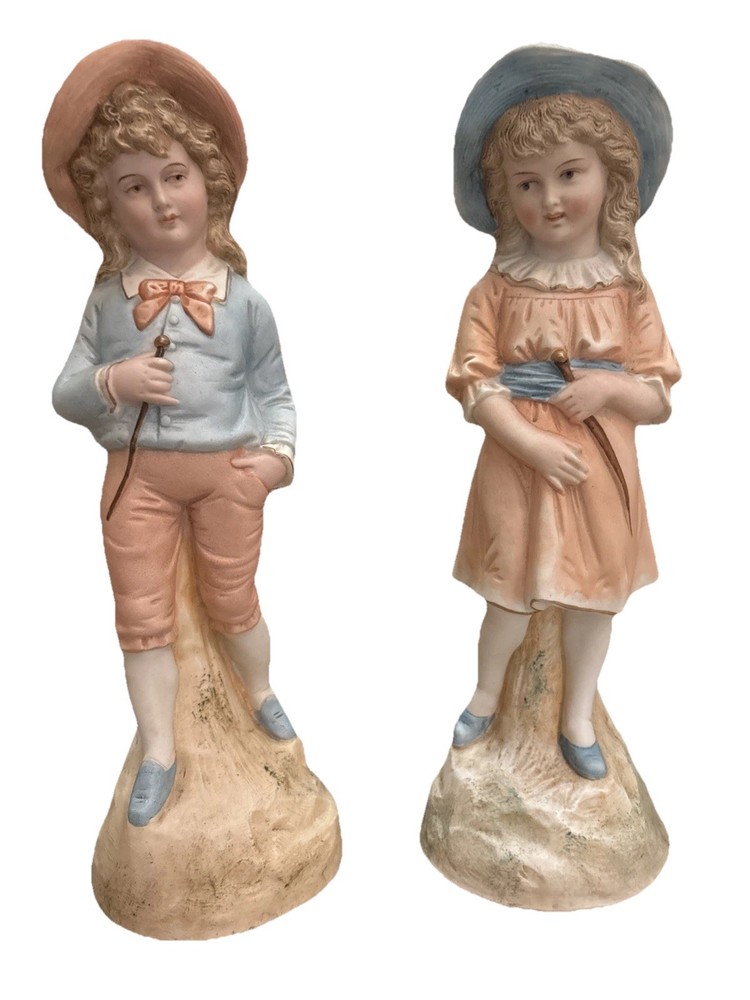 Very RARE Pair 15” Bisque  Ceramic Figurines German