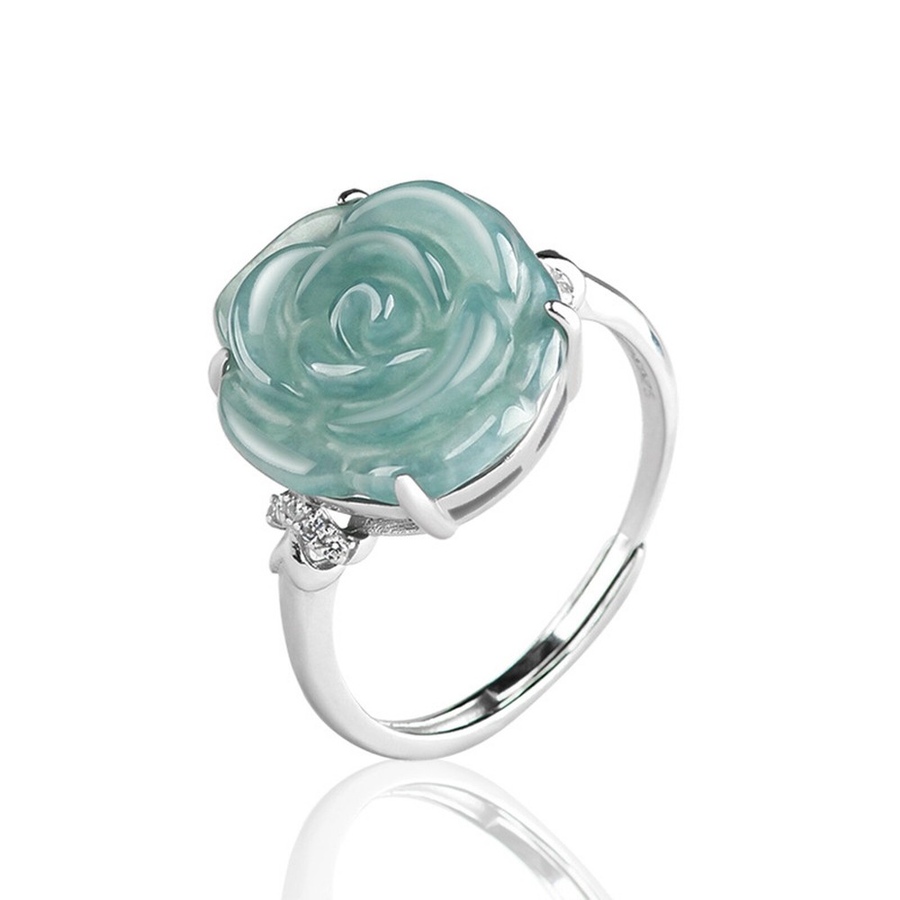 Real 925 Sterling Silver Band Natural A Grade Jade Jadeite Rose Flower Ring