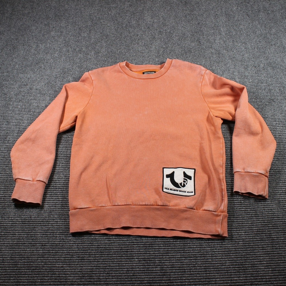True Religion Men’s Crewneck Sweatshirt – Faded Coral, Logo Patch – Size Small