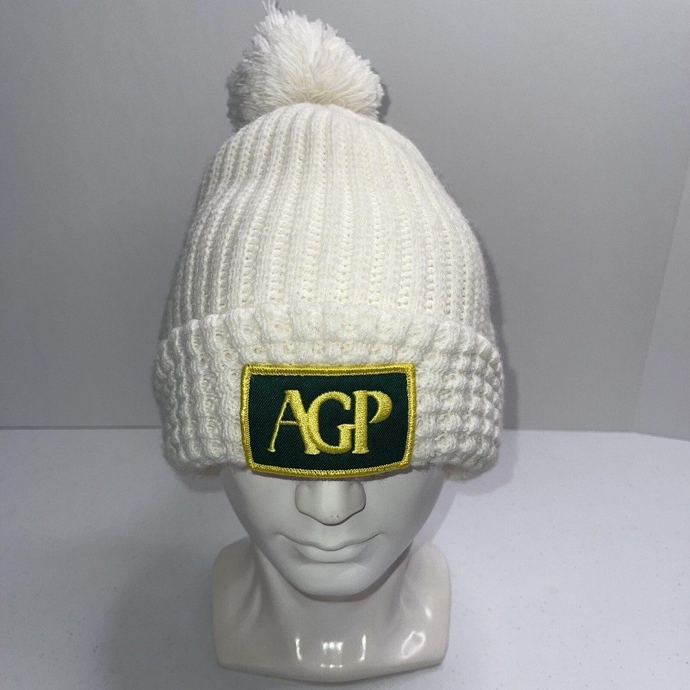 Vintage White AGP K-products USA Farm Hat Winter Pom