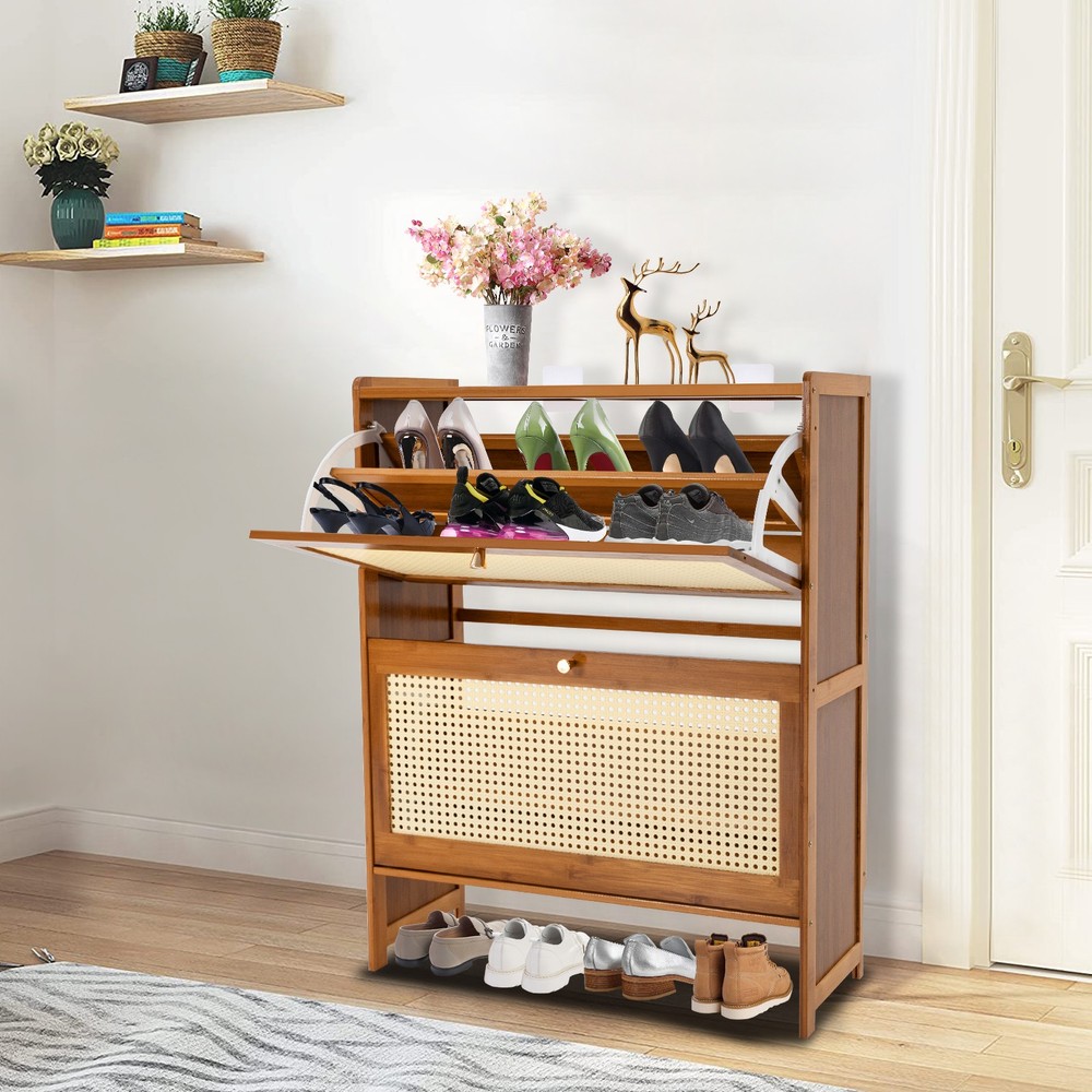 Rattan Shoe Cabinet 2 Flip Drawers Shoe Rack Storage Organizer for Entryway Home