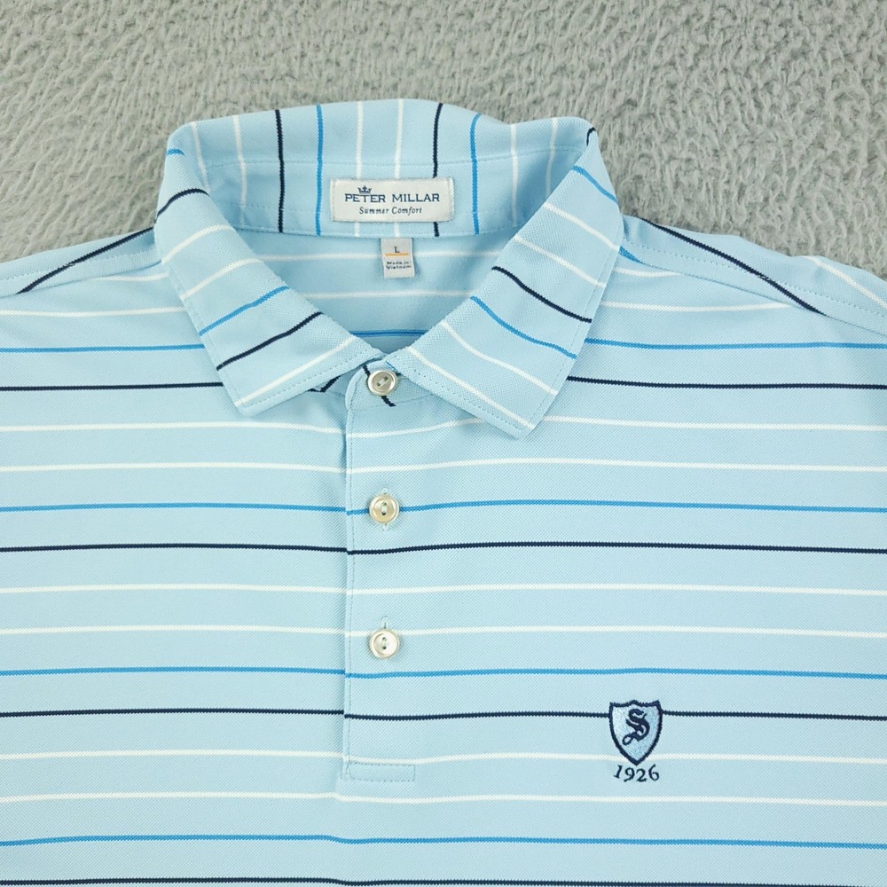 Peter Millar Polo Shirt Mens Large Light Blue Stripe Summer Comfort Golf 1926