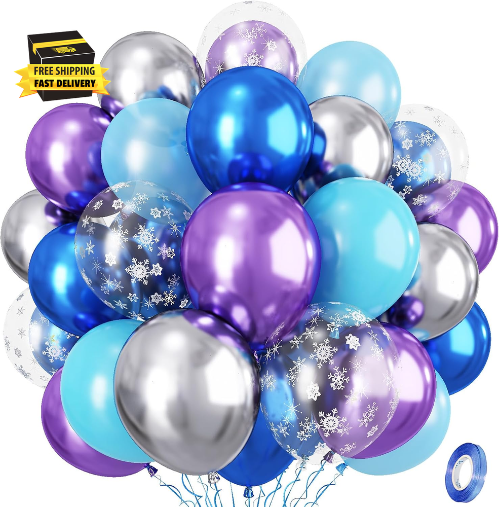 Frozen Balloons, Pastel Blue Metallic Purple Silver Balloon with Snowflake Latex